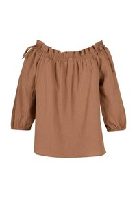 Hnědá blůza bez ramínek se volánkovým výstřihem, 3/4 rukávy a strukturovaná tkanina. K členění detailu přispívají šňůrky na ramenou.