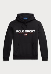 Schwarzer Hoodie aus Baumwoll-Polyester-Mischung, ausgestattet mit einer Kängurutasche, gerippten Bündchen und einem weißen/roten "POLO SPORT"-Logo mit einer amerikanischen Flagge.