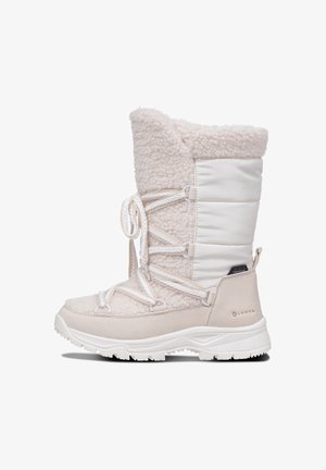 Lys beige vinterstøvle med en tekstureret fleeceoverdel, glat polstret skaft, hvide snørebånd og en kraftig gummisål med skridmønstre.