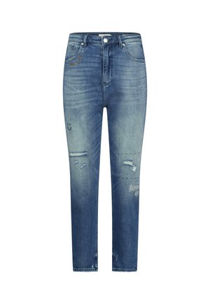 Lichtblauwe spijkerbroek met een slanke pasvorm, voorzien van gehavende details, geborduurde accenten en een klassieke vijf-pocketontwerp.