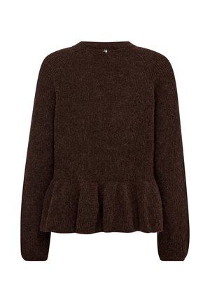 Maglione marrone a maglia con maniche lunghe, orlo peplum e dettaglio con bottoni sul retro. Tessuto morbido e vestibilità rilassata.