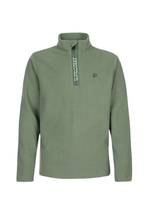 Fleece pullover in gedempt groen met een ritssluiting aan de voorkant en hoge kraag. Bevat een logo op de linkerkant van de borst en een gestructureerde stof.