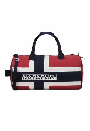 Rot-weiß-navyfarbige Reisetasche mit norwegischem Flaggenmotiv und "NAPAPIJRI"-Logo, ausgestattet mit zwei Griffen und einem verstellbaren Schultergurt.