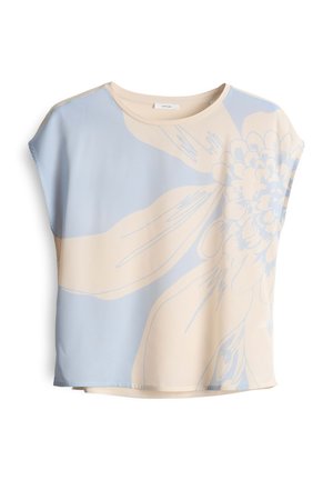 Korte mouw top in lichtblauw en beige met bloemenpatroon. Soepele stof, ruime pasvorm, ronde halslijn en verlaagde schouders.