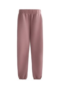 Rózsaszín, elasztikus derékpántú, szűkülő fazonú, bordázott szegélyű otthoni nadrág. Puha anyagból készült, alkalmas hétköznapi viseletre vagy pihenésre.