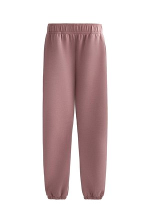 Rožnate hlače za prosti čas z elastiko v pasu, zoženim krojem in rebrastimi manšetami. Narejene iz mehke tkanine, primerne za vsakdanjo uporabo ali sprostitev.
