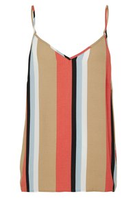 Haut sans manches avec des rayures verticales rouges, beiges, noires, bleues et blanches. Encolure en V et tissu léger avec une texture lisse.