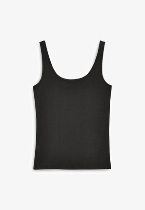 Black tank top with wide shoulder straps, ribbed neckline, and straight hem. Made from a smooth, cotton-like fabric.
