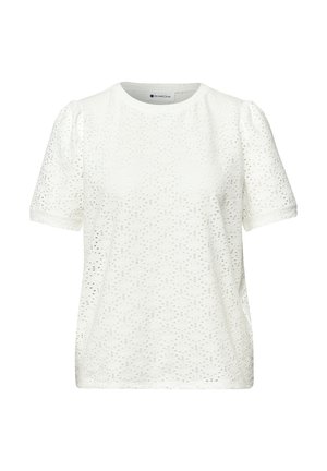 Witte blouse met korte mouwen, ronde hals, opgeblazen mouwen en een geheel met oogjes kantpatroon.