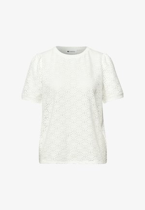 White short-sleeve blouse with round neckline, puffed sleeves, and all-over eyelet lace pattern.