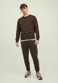 Bruine sweatshirt met lange mouwen en geribde manchetten, gecombineerd met bijpassende joggers; gedragen met gestreepte sneakers. Achtergrond is neutraal.