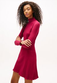 Ριμππλωτό πλεκτό φόρεμα σε βουργουνδί απόχρωση με ψηλό λαιμό και μακριά μανίκια. Διαθέτει καμπυλωτό τελείωμα και διακριτικές λεπτομέρειες στα μανίκια.