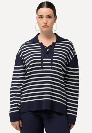 Marineblauw en witte gestreepte pullovertrui met een kraag, vetersluiting aan de voorkant en lange mouwen, gemaakt van een zachte brei-stof.