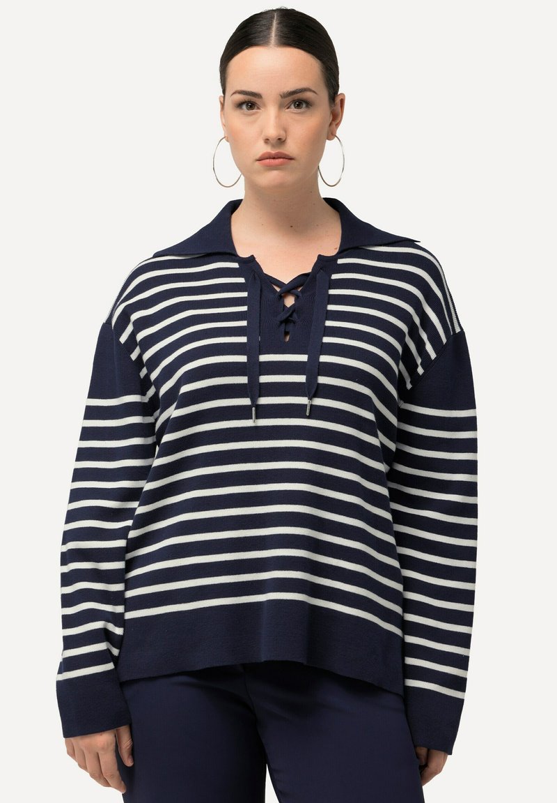 Marineblau- und weißen gestreiften Pullover mit Kragen, Schnürung an der Vorderseite und langen Ärmeln aus einem weichen Strickmaterial.