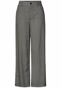 Mönstrade vidbyxor i svart och vitt med en geometrisk design, mjukt tyg och en platt midja med en enda knäppning.
