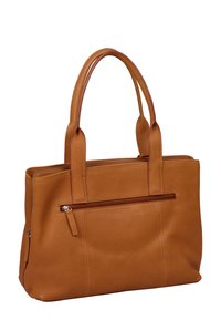 Sac à main en cuir tan avec finition texturée, double poignées, fermeture éclair supérieure et poche avant zippée pour une fonctionnalité supplémentaire.