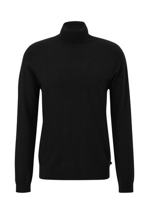 Pull col roulé noir en tissu tricoté doux, avec des manches longues, une coupe ajustée, et une texture côtelée aux poignets et au col.