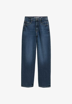 Dark blue wide-leg jeans with a high waist, front pockets, and classic denim texture. Finished with subtle stitching details and straight leg openings.