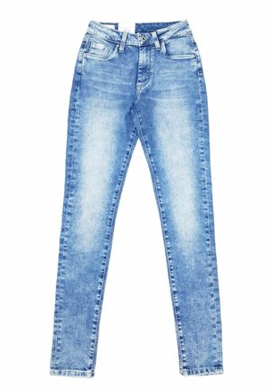 Lichtblauwe faded skinny jeans met voor- en achterzakken, riemlussen en een knoopsluiting.