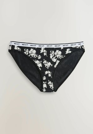 Black floral print women's briefs with a white elastic waistband featuring the brand "NEXT." Material has a soft texture with a fitted shape.