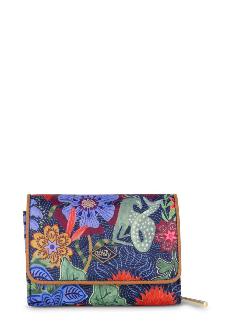 Bloemenprint portemonnee in levendige kleuren met een blauwe en marine achtergrond, voorzien van een bruin leren bies en een gouden ritsaccent.