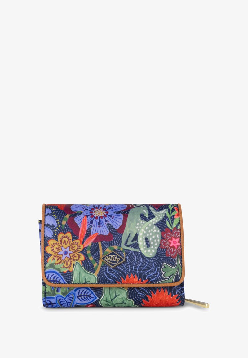 Bloemenprint portemonnee in levendige kleuren met een blauwe en marine achtergrond, voorzien van een bruin leren bies en een gouden ritsaccent.