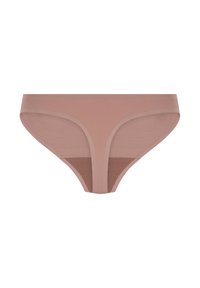 Naadloze lichtroze dames bikini-stijl ondergoed met een gladde, rekbare stof en een smalle tailleband.