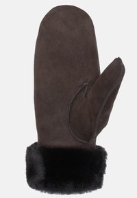 Braune Wildlederhandschuhe mit einem plüschigen schwarzen Pelzrand, die eine abgerundete Form und einen separaten Daumenbereich aufweisen, um Wärme und Komfort zu bieten.
