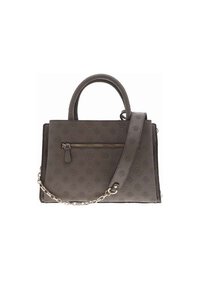 Sac à main gris foncé avec des poignées supérieures et une bandoulière chaîne amovible. Présente un motif en relief, une poche zippée et un design structuré.