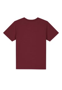 Bordeaux-farbenes T-Shirt mit kurzen Ärmeln und Rundhalsausschnitt, aus weichem Stoff gefertigt, mit glatter Textur und geradem Saum.