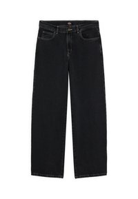 Black denim jeans with a straight leg design, five pockets, and contrasting stitching. Features a button closure and belt loops.