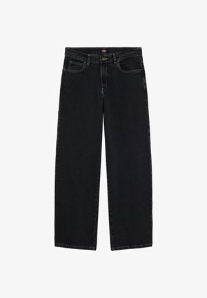 Black denim jeans with a straight leg design, five pockets, and contrasting stitching. Features a button closure and belt loops.