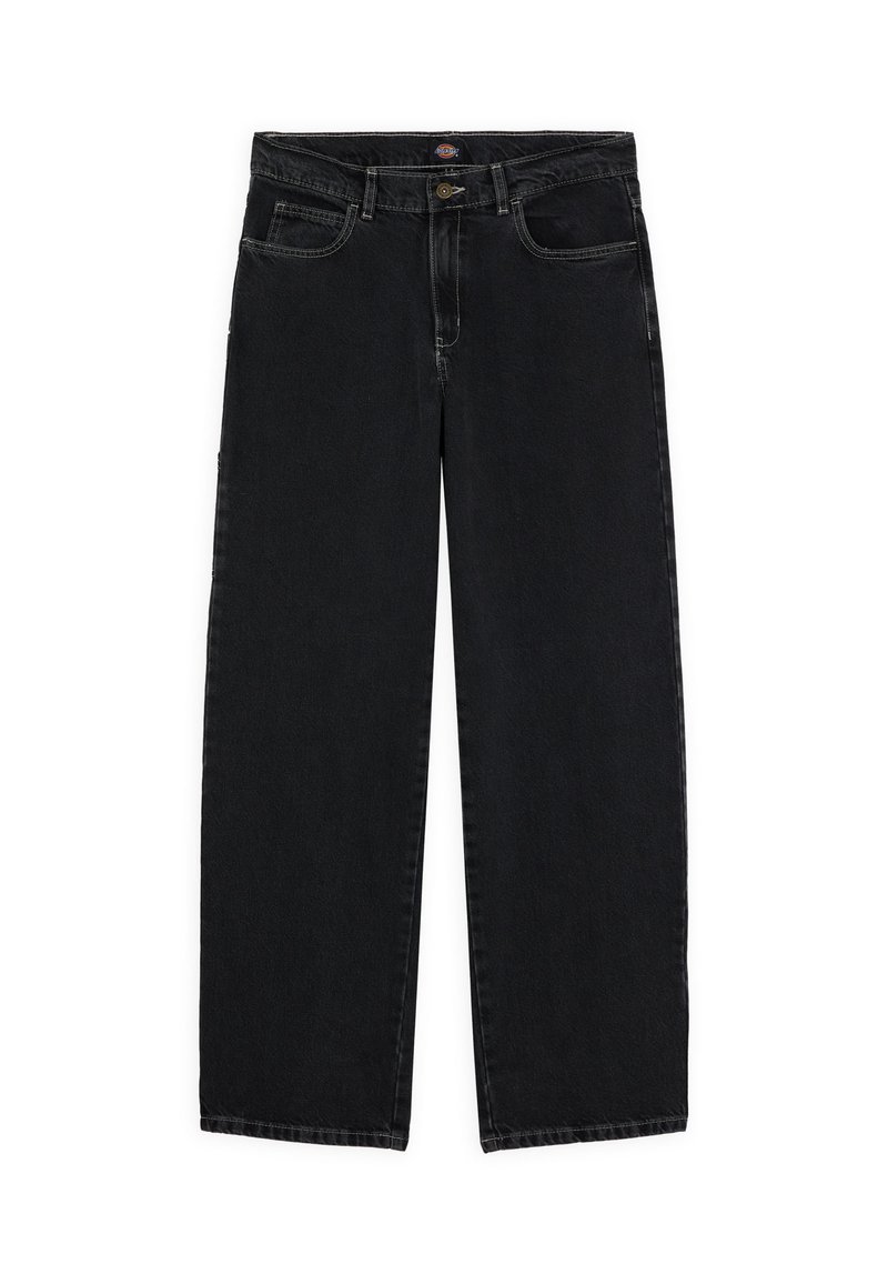 Jeans in denim nero con design a gamba dritta, cinque tasche e cuciture in contrasto. Presentano una chiusura a bottone e passanti per cintura.