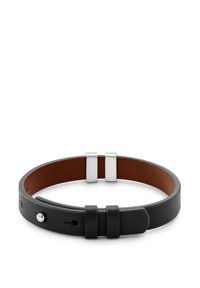 Svart lærarmbånd med teksturert finish, med brun indre fôring og hardware-detaller i sølvfarge. Inkluderer dekorative nagler.