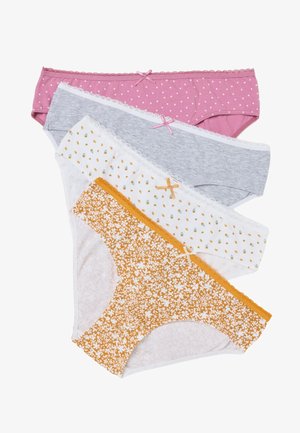 Pile de cinq culottes en coton pour femmes avec différents motifs dont pois roses, gris uni, petits motifs floraux, blanc avec petites formes et motif floral orange.