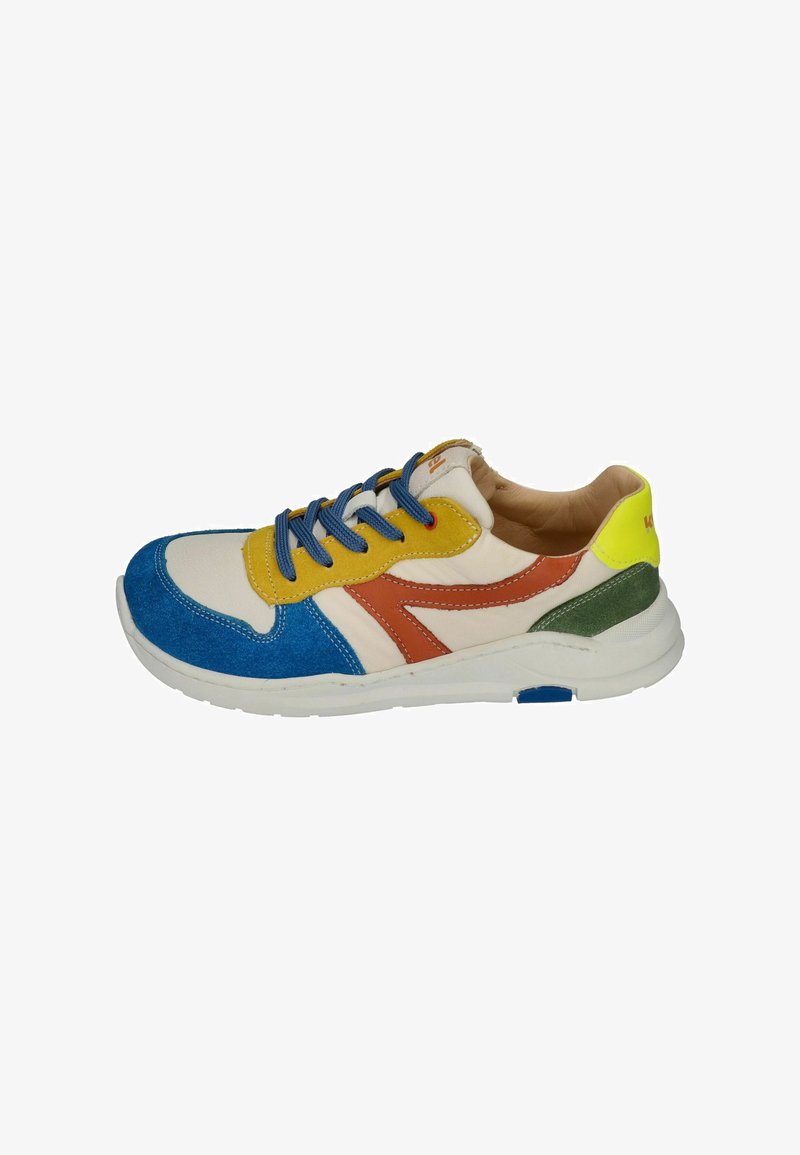 Low-top sneaker with blue toe, yellow eyelets, brown side detail, green heel, neon yellow back, and blue laces, on a white sole.