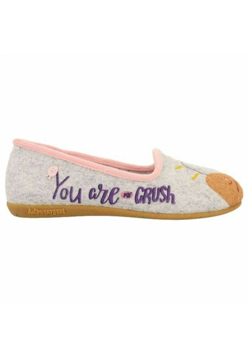 Chausson en feutre gris avec bordure rose, arborant le texte "You are my CRUSH" en violet, un embout beige et un petit accent oiseau. Semelle souple.