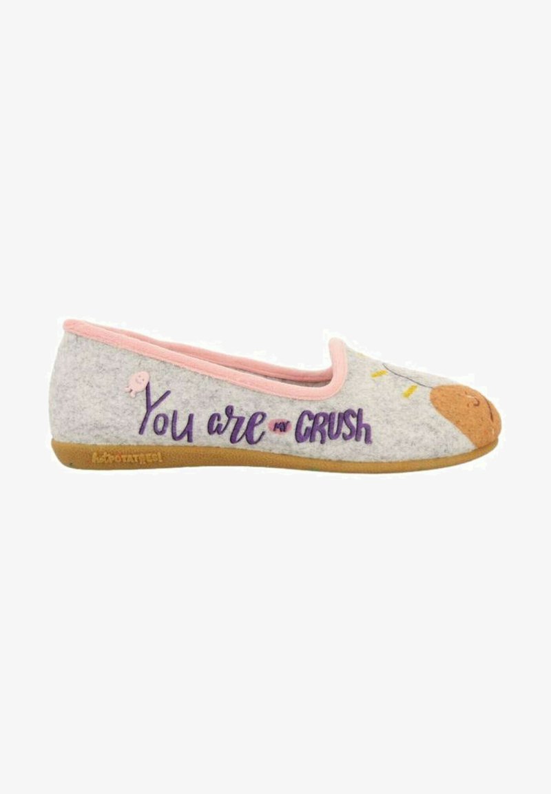 Chausson en feutre gris avec bordure rose, arborant le texte "You are my CRUSH" en violet, un embout beige et un petit accent oiseau. Semelle souple.