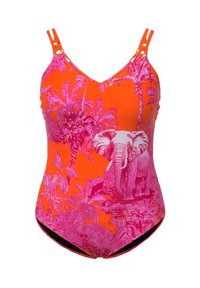 Maillot de bain une pièce en tissu orange vif avec un imprimé d'éléphants roses et de palmiers, avec des bretelles réglables et un décolleté en V.