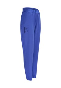 Blaue Jogginghosen aus weichem Stoff mit elastischem Bund, Seitentaschen und einem schwarzen grafischen Akzent am linken Oberschenkel.