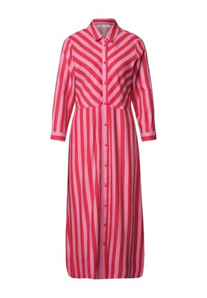 Langärmliges Hemdkleid mit Knöpfen, oben rote und rosa diagonale Streifen und an Rock, Kragen und Manschetten vertikale Streifen.