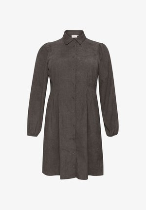 Gray corduroy dress with a button-down front, pointed collar, long puffed sleeves, and a fitted waist, featuring a knee-length hem.