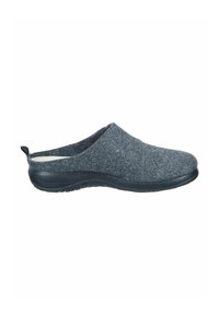 Gray felt clogs with a black rubber sole. The slip-on design has a rounded toe and a soft, textured upper, featuring a back pull tab for easy wear.