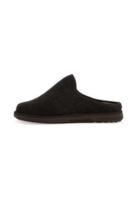 Pantofole nere senza lacci con tessuto a spina di pesce, parte superiore imbottita e suola in gomma marrone. Design leggero per uso interno.