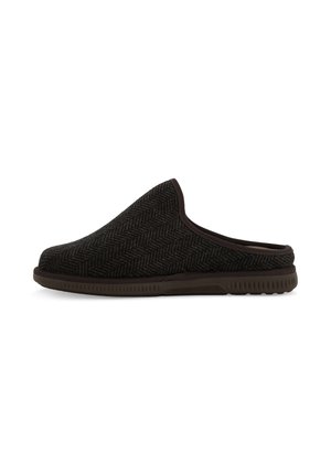 Pantofole nere senza lacci con tessuto a spina di pesce, parte superiore imbottita e suola in gomma marrone. Design leggero per uso interno.