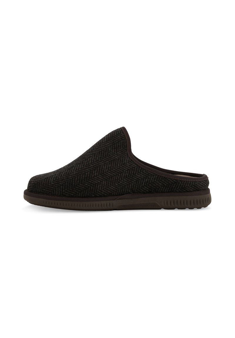 Pantofole nere senza lacci con tessuto a spina di pesce, parte superiore imbottita e suola in gomma marrone. Design leggero per uso interno.