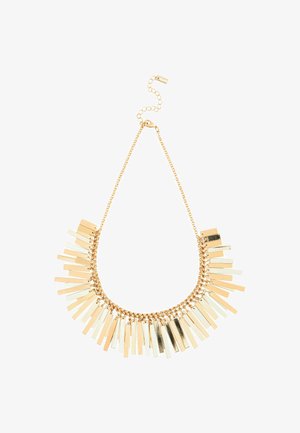 Aranyszínű nyaklánc láncformával, különböző hosszúságú és felületű fémrúddal, amely réteges, geometrikus hatást kelt.