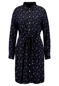 Granatowa, długa sukienka z długim rękawem, z małym kwiatowym wzorem, z przodu na guziki, z kołnierzykiem i paskiem w talii, wykonana z miękkiej tkaniny o gładkiej fakturze.