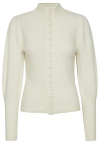 Cream cardigan with a high collar, ribbed cuffs, and button closure featuring pearl-like buttons. Soft, textured material with long sleeves.