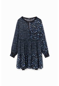 Kes vestido berbunga dengan dasar hitam dan bunga biru, lengan panjang, bodice smocked, leher V, dan hem yang berenda. Kainnya ringan dan mengalir.